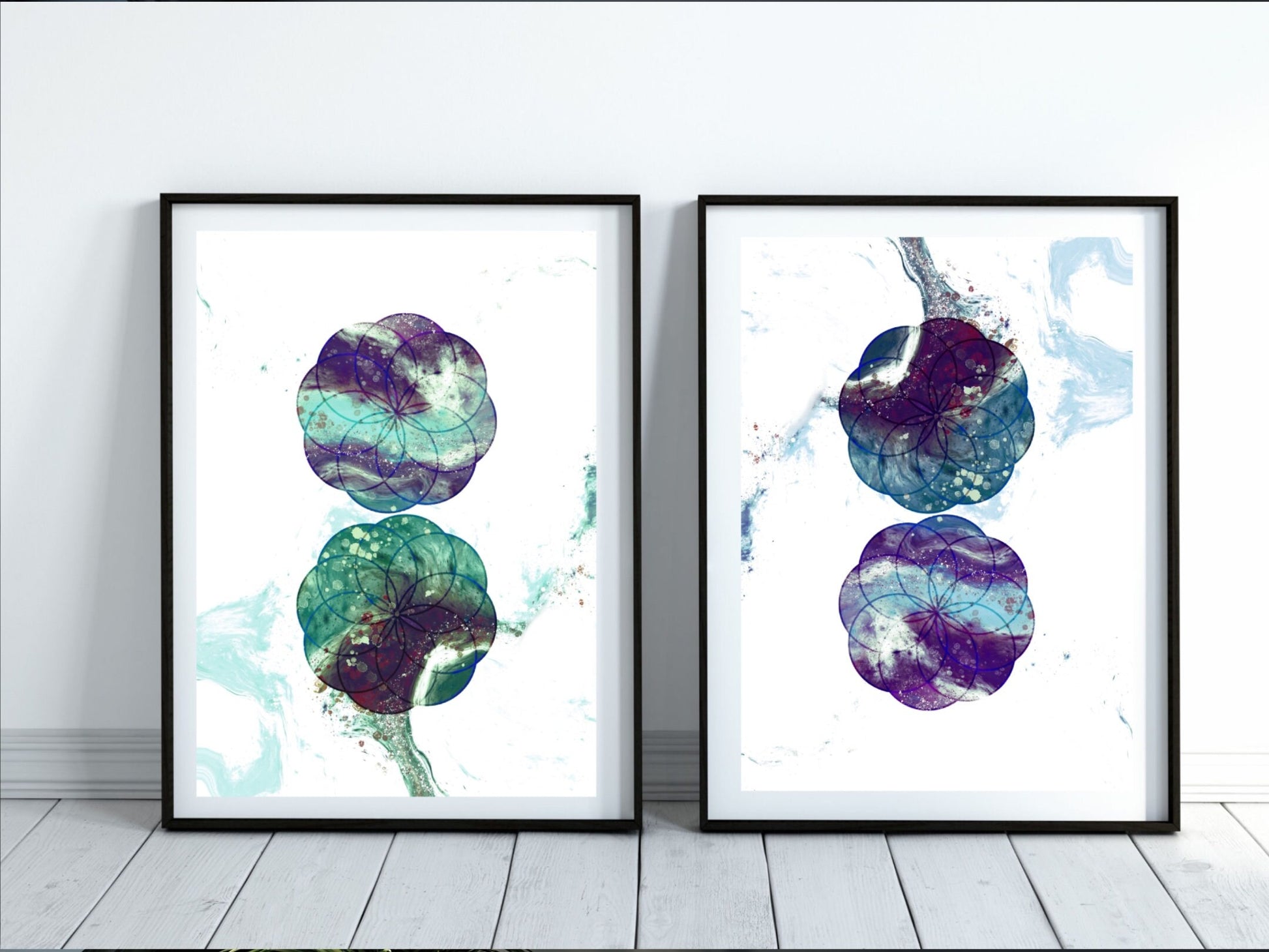 Sacred geometry wall art, seed of life wall art, spiritual art work, unique, meditation art print, vibrant, set of two art prints, Displayed in frames, - Ascension digital fine art.