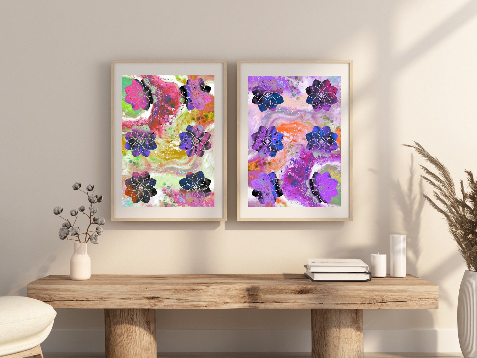 Sacred geometry wall art, seed of life wall art, spiritual art work, unique, meditation art print, vibrant, set of 2 prints, Displayed in frames. - Ascension digital fine art.