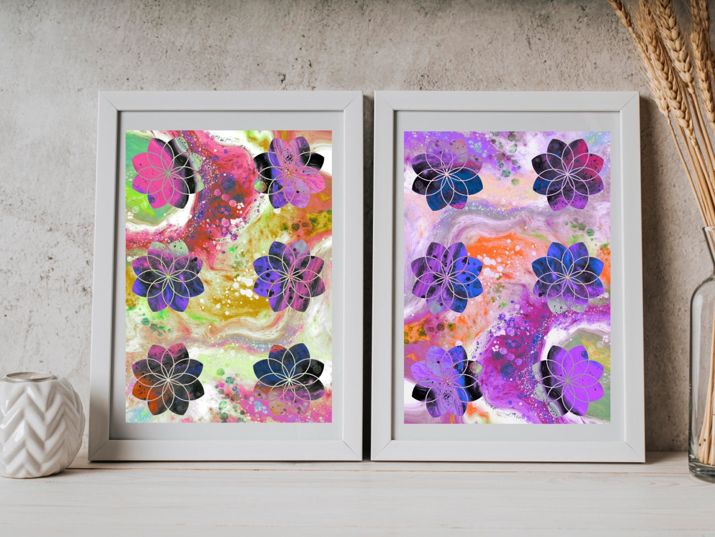 Sacred geometry wall art, seed of life wall art, spiritual art work, unique, meditation art print, vibrant, set of 2 prints, Displayed in frames. - Ascension digital fine art.