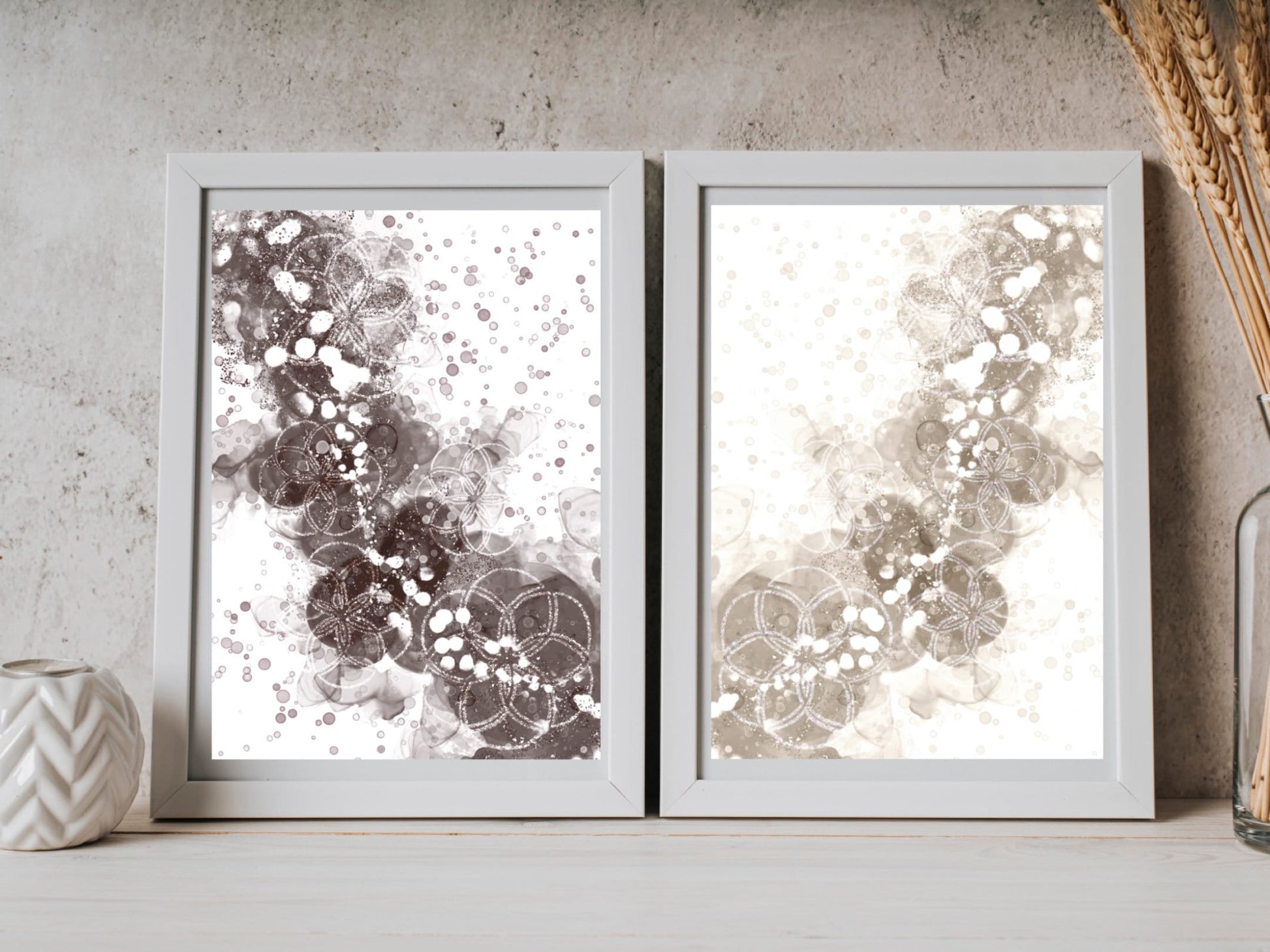 Spiritual wall art, Abstract art prints, neutral colours, set of two art prints displayed in mounted frames.