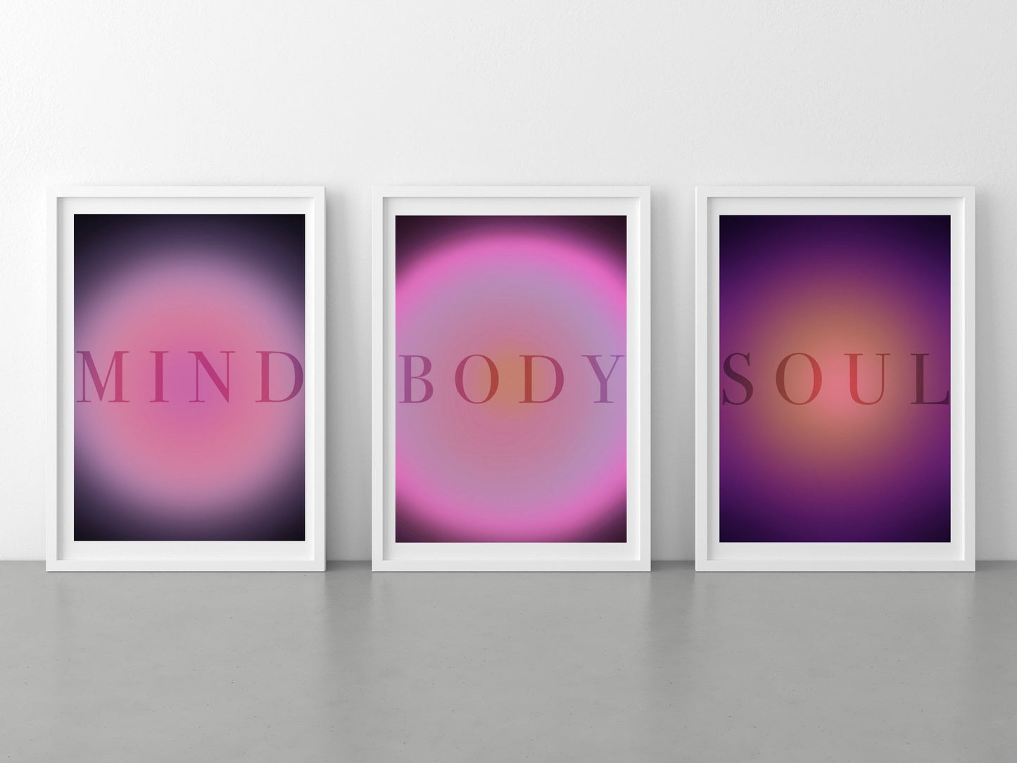 Meditation art print, mind, body and soul aura, spiritual wall art, purple, pink aura framed art set of 3 wall art prints in mounted frames. 