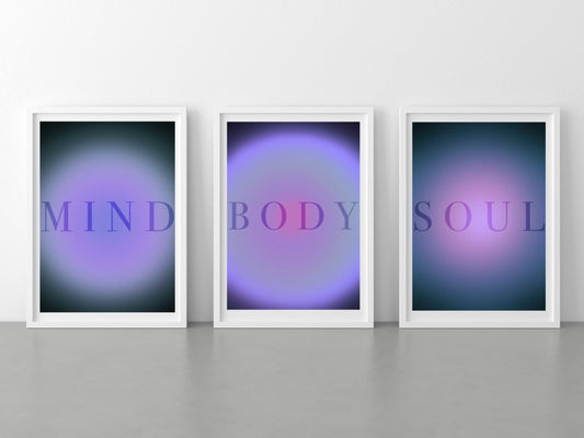 Meditation art print, mind, body and soul aura, spiritual wall art, purple, pink aura framed art set of 3 wall art prints in mounted frames. 