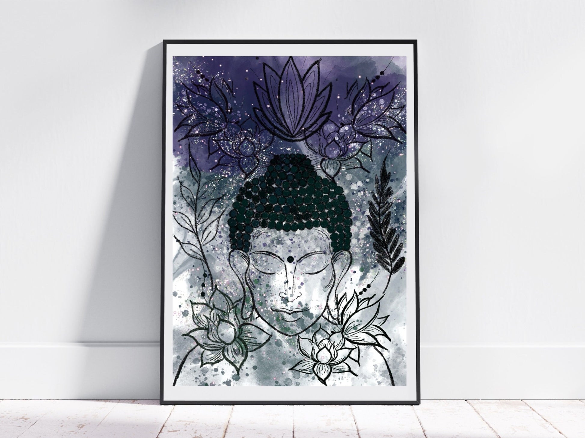 Buddha wall art, spiritual wall art, buddha meditating, black, vibrant, blue and green artwork print. - Ascension digital fine art.