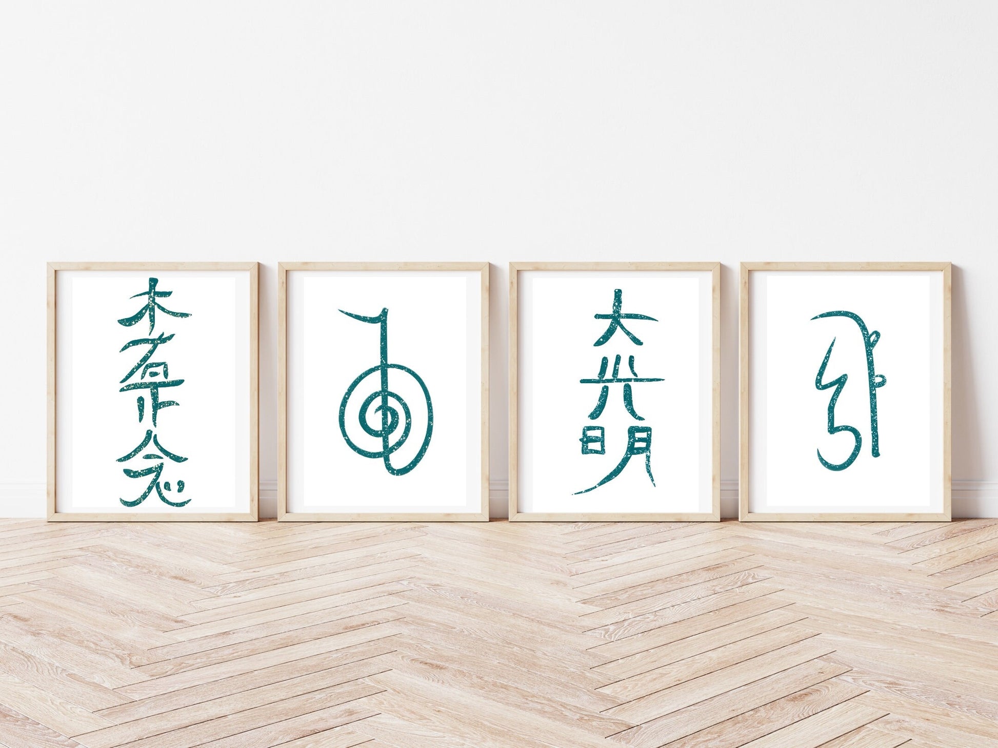 Reiki symbol wall art, Japanese art prints, spiritual wall art, vibrant,set of 4,displayed in frames, Ascension digital fine art.