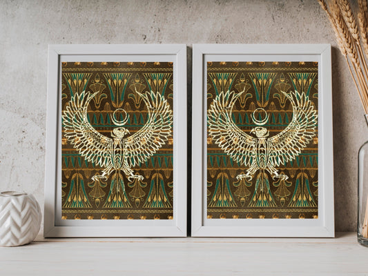 Spiritual wall art, ancient Egyptian art prints, black and gold, set of two art prints displayed in mounted frames.