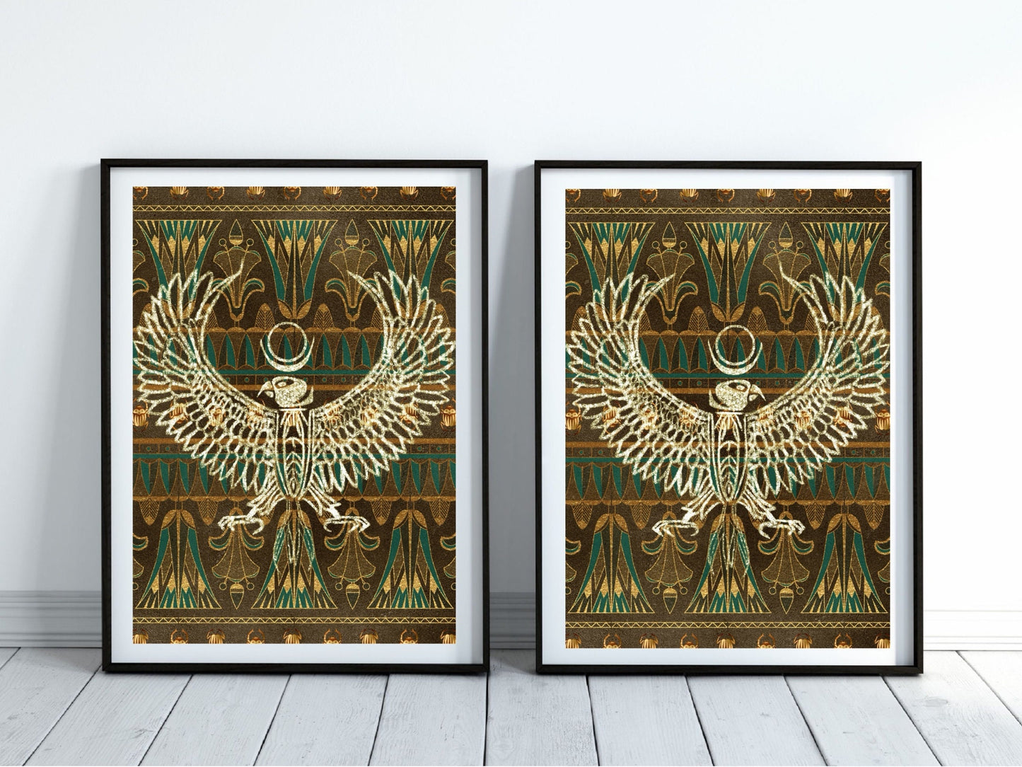 Spiritual wall art, ancient Egyptian art prints, black and gold, set of two art prints displayed in mounted frames.