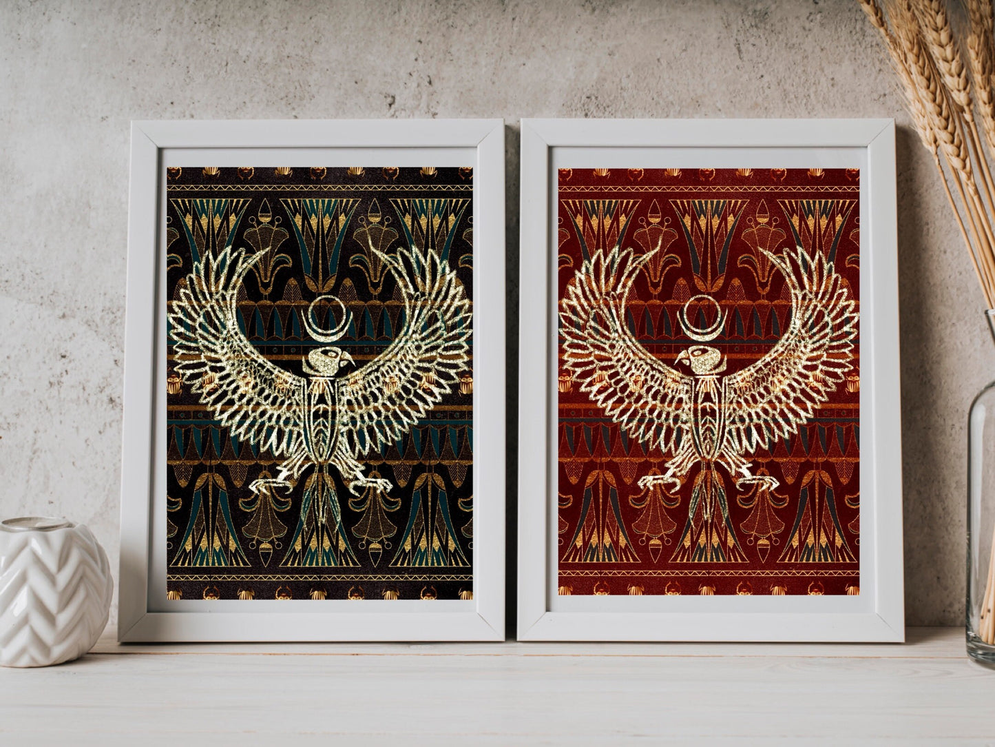 Spiritual wall art, ancient Egyptian art prints, black and red, set of two art prints displayed in mounted frames.