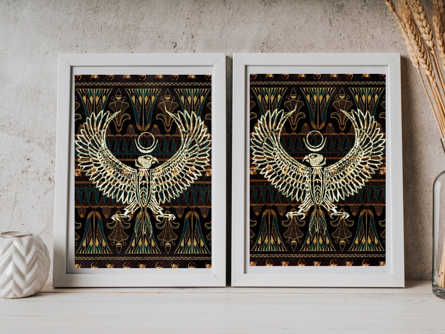 Spiritual wall art, ancient Egyptian art prints, black and gold, set of two art prints displayed in mounted frames.