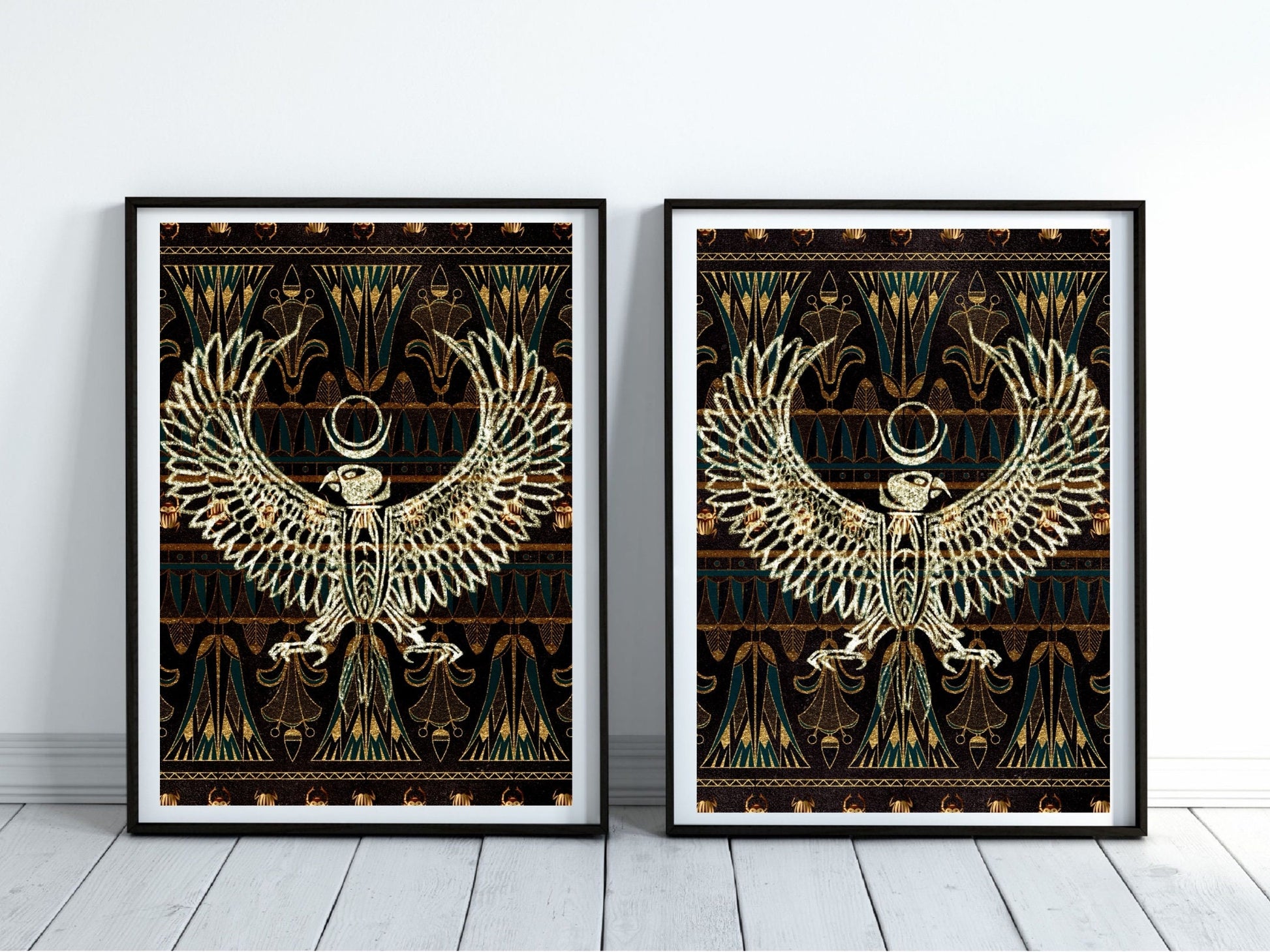 Spiritual wall art, ancient Egyptian art prints, black and gold, set of two art prints displayed in mounted frames.