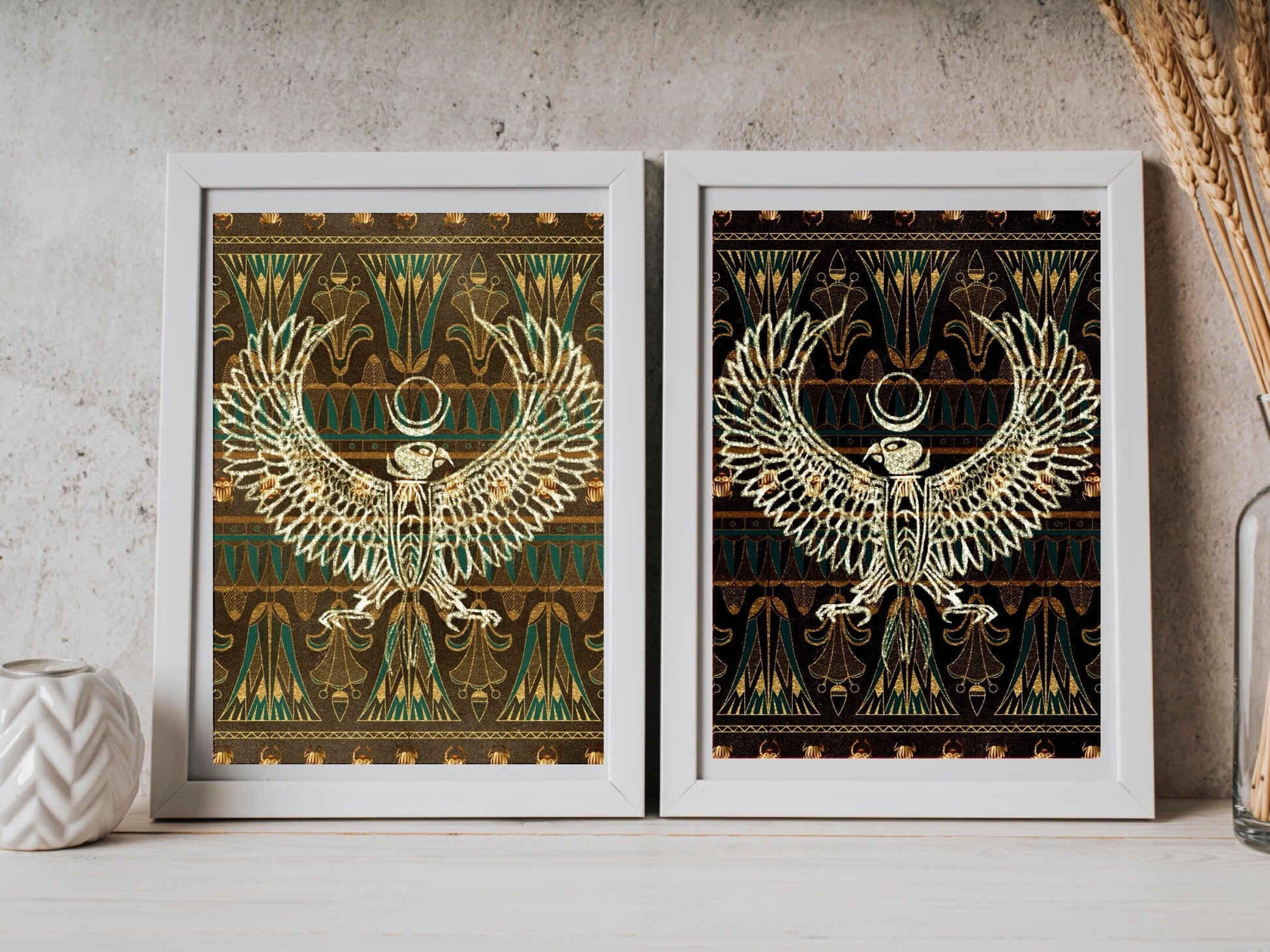 Spiritual wall art, ancient Egyptian art prints, black and gold, set of two art prints displayed in mounted frames.