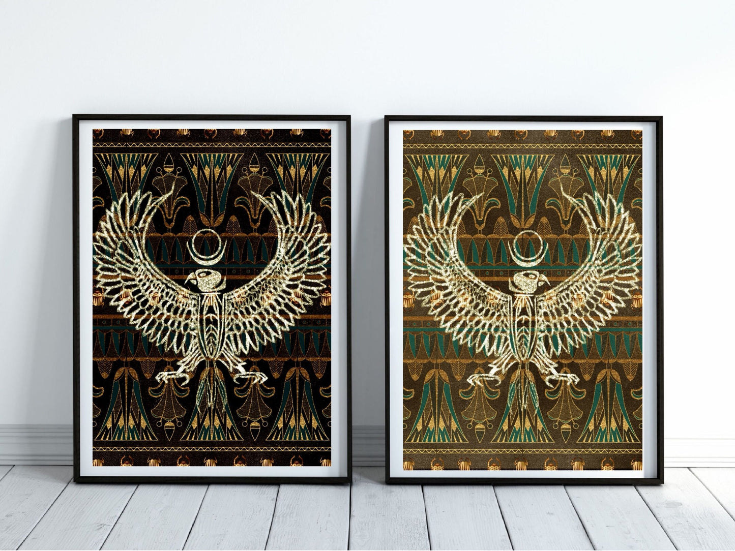 Spiritual wall art, ancient Egyptian art prints, black and gold, set of two art prints displayed in mounted frames.