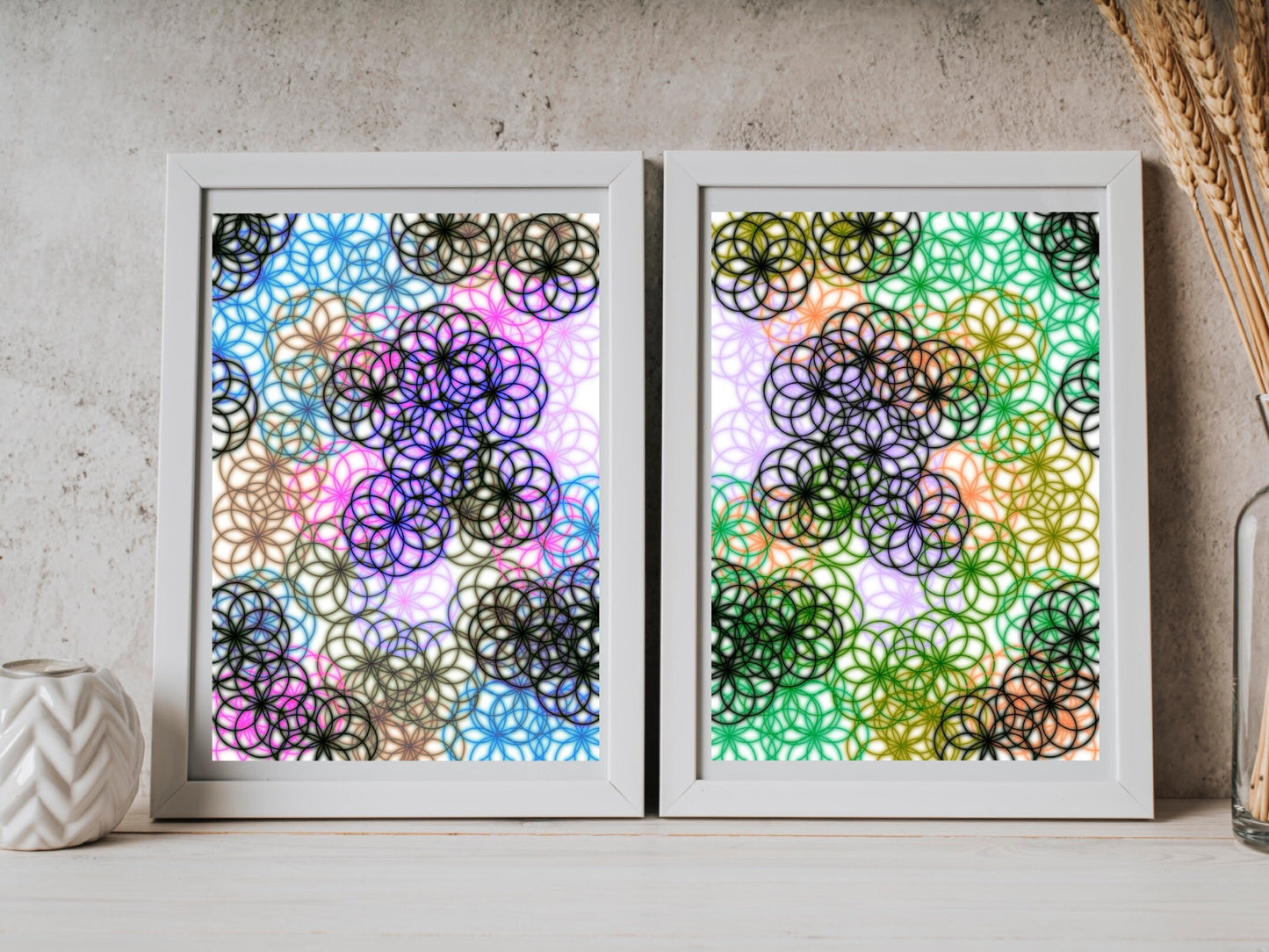 Sacred geometry wall art, seed of life wall art, spiritual art work, unique, meditation art print, vibrant, set of 2 prints, Displayed in frames. - Ascension digital fine art.