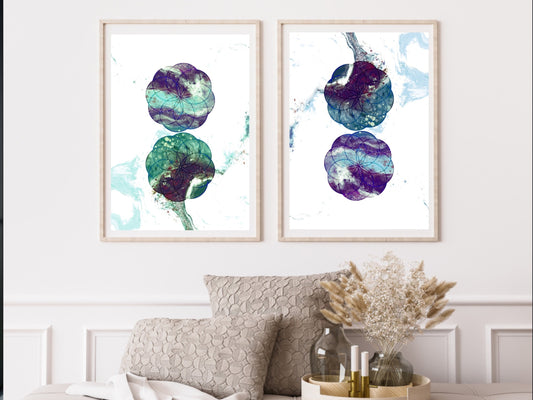 Sacred geometry wall art, seed of life wall art, spiritual art work, unique, meditation art print, vibrant, set of two art prints, Displayed in frames, - Ascension digital fine art.