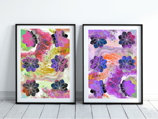 Sacred geometry wall art, seed of life wall art, spiritual art work, unique, meditation art print, vibrant, set of 2 prints, Displayed in frames. - Ascension digital fine art.