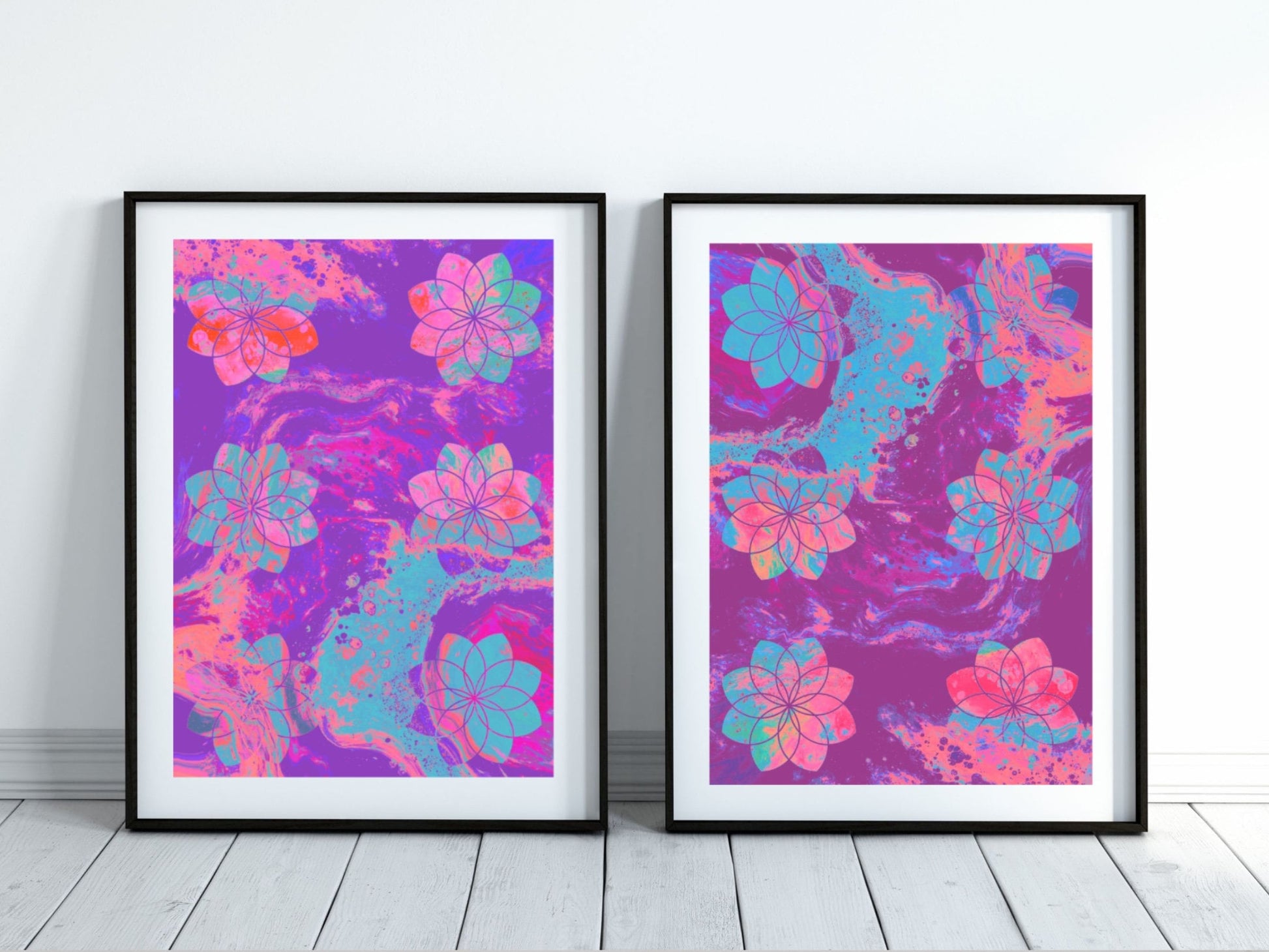 Sacred geometry wall art, seed of life wall art, spiritual art work, unique, meditation art print, vibrant pink and purple, set of 2 prints, Displayed in frames. - Ascension digital fine art.