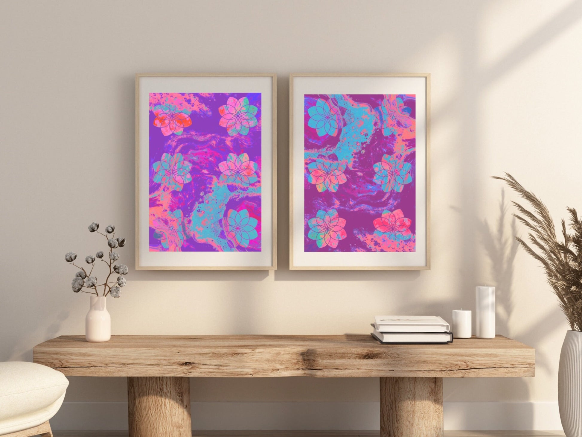 Sacred geometry wall art, seed of life wall art, spiritual art work, unique, meditation art print, vibrant pink and purple, set of 2 prints, Displayed in frames. - Ascension digital fine art.