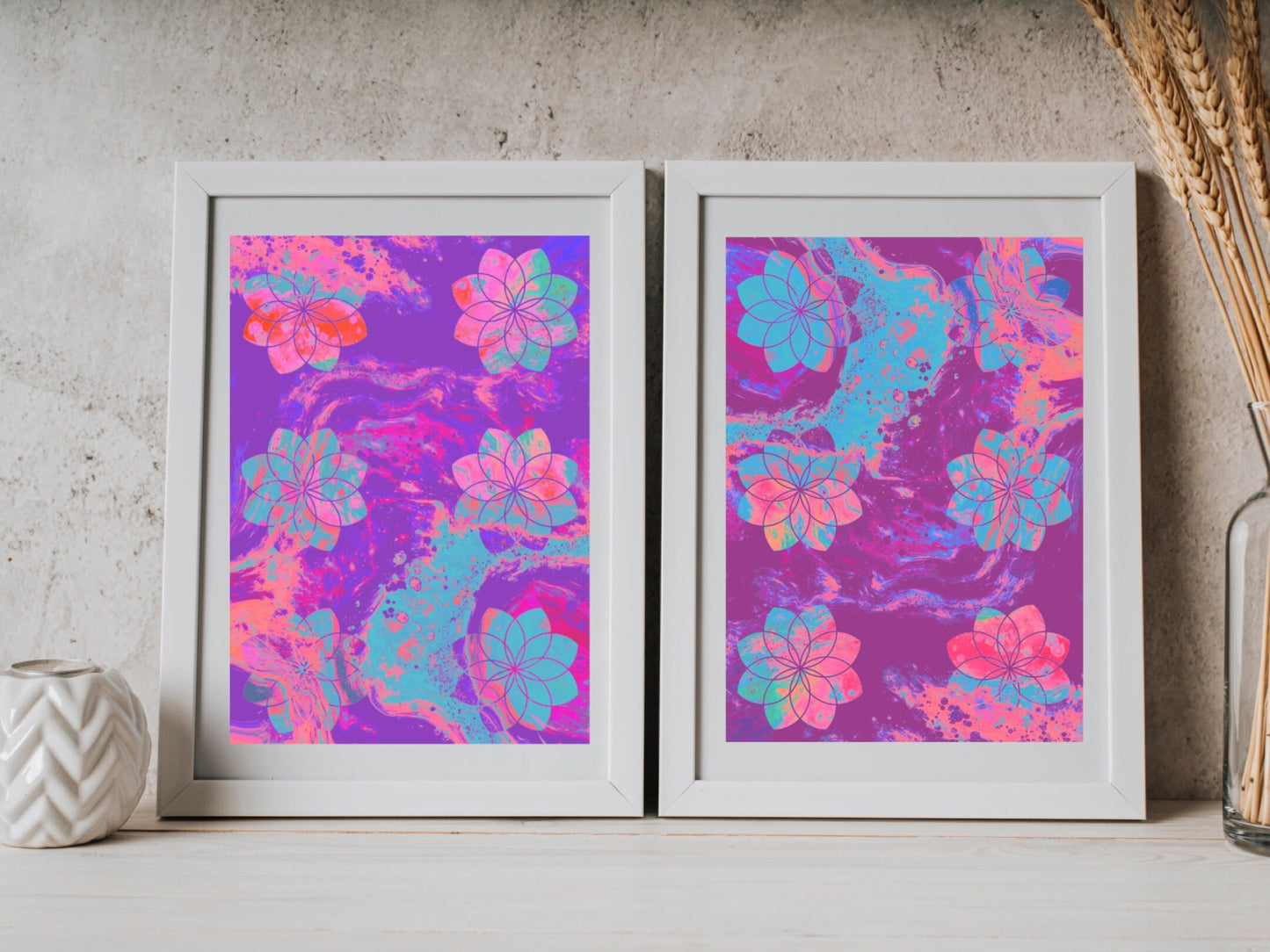 Sacred geometry wall art, seed of life wall art, spiritual art work, unique, meditation art print, vibrant pink and purple, set of 2 prints, Displayed in frames. - Ascension digital fine art.