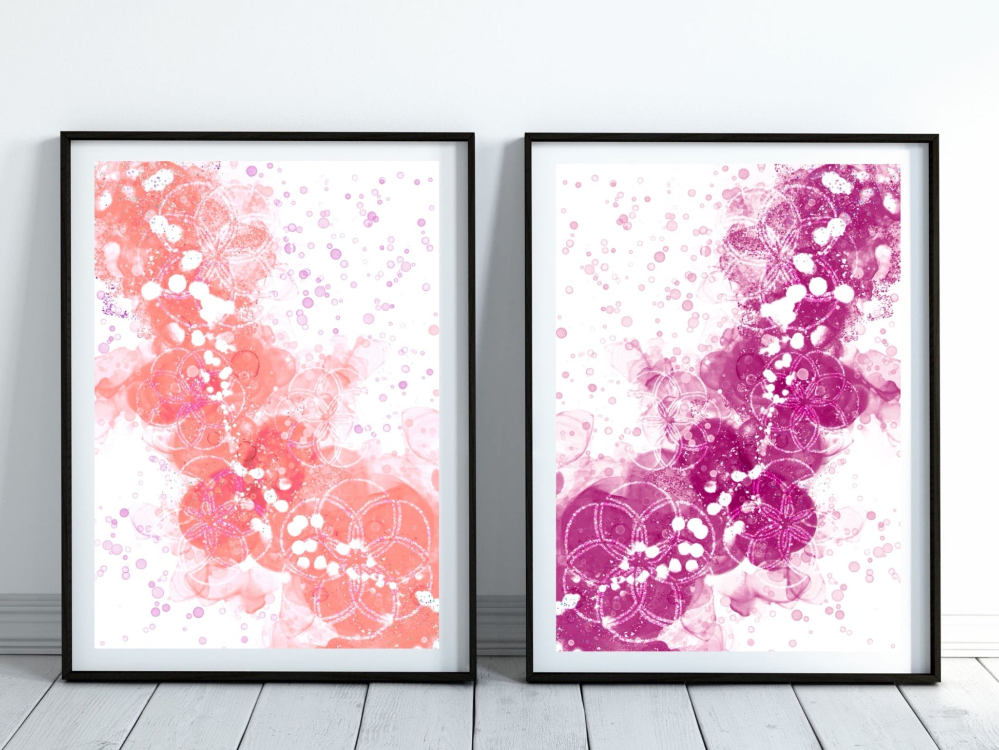 Spiritual wall art, Abstract art prints, vibrant colours, set of two art prints displayed in mounted frames.