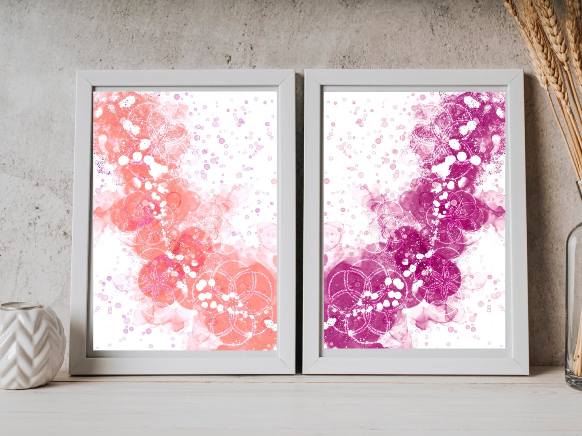 Spiritual wall art, Abstract art prints, vibrant colours, set of two art prints displayed in mounted frames.