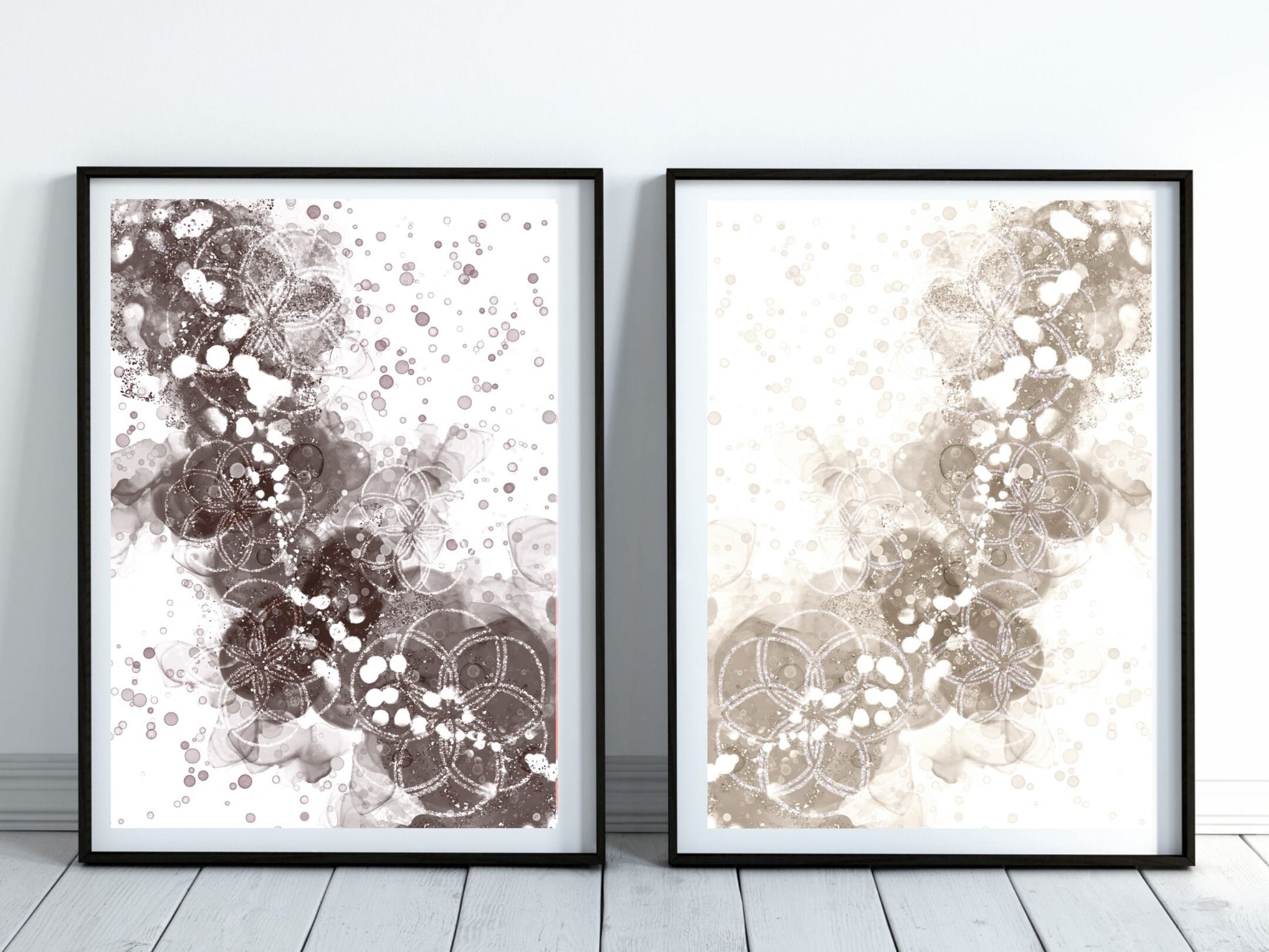 Spiritual wall art, Abstract art prints, neutral colours, set of two art prints displayed in mounted frames.