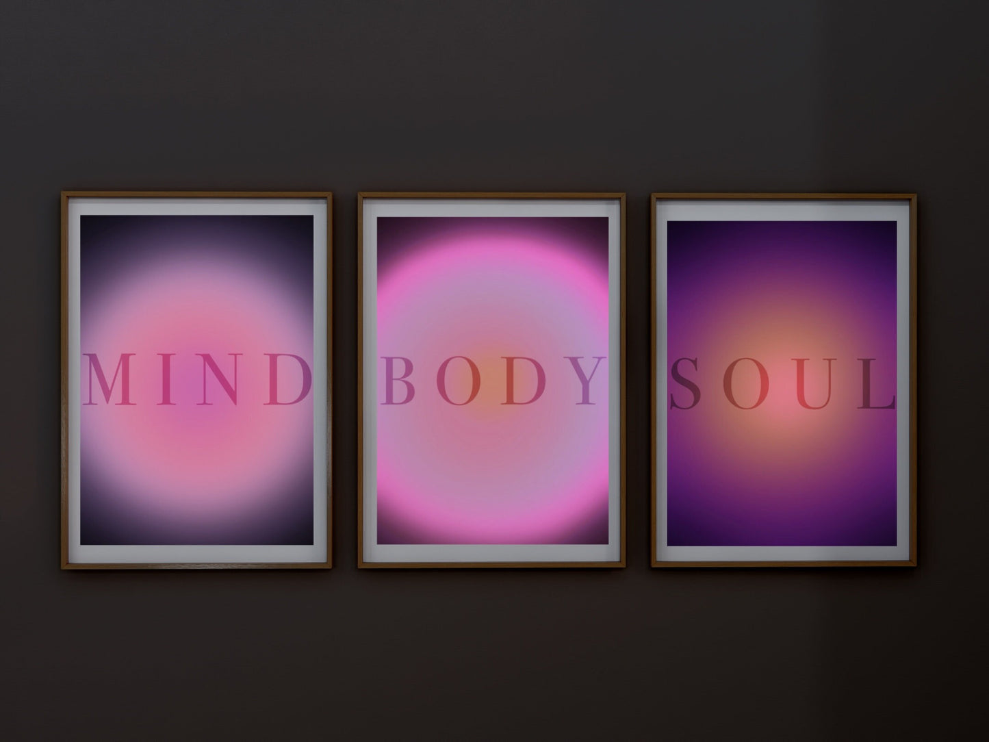 Meditation art print, mind, body and soul aura, spiritual wall art, purple, pink aura framed art set of 3 wall art prints in mounted frames. 