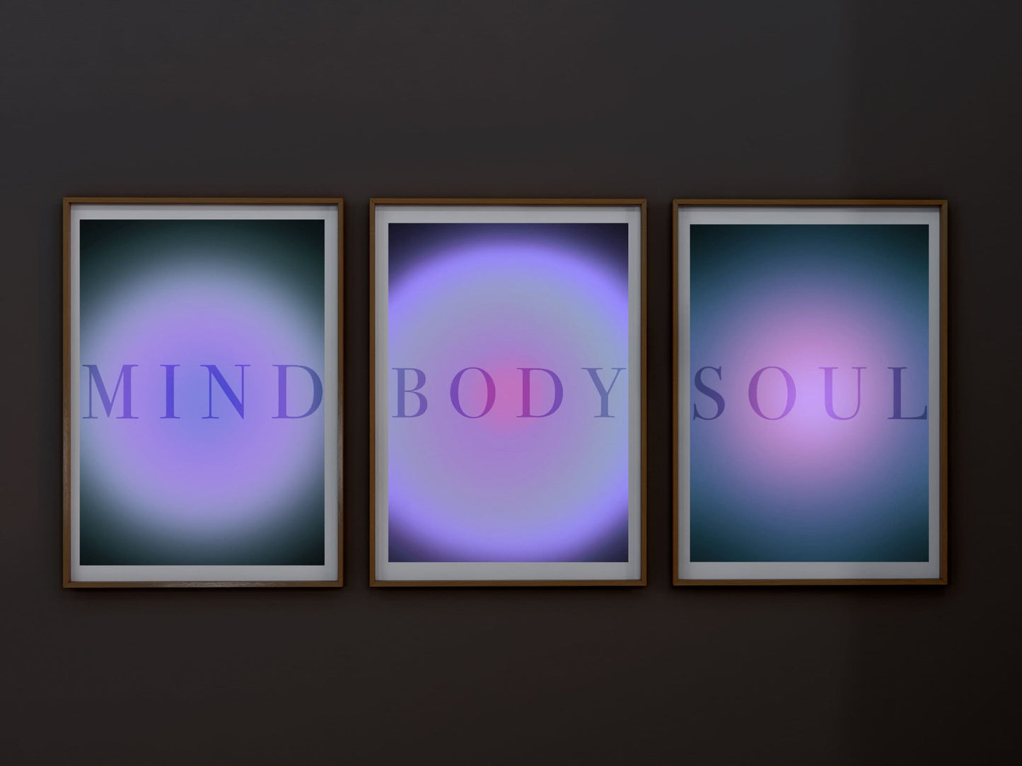 Meditation art print, mind, body and soul aura, spiritual wall art, purple, pink aura framed art set of 3 wall art prints in mounted frames. 