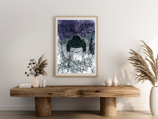 Buddha wall art, spiritual wall art, buddha meditating, black, vibrant, blue and green artwork print. - Ascension digital fine art.