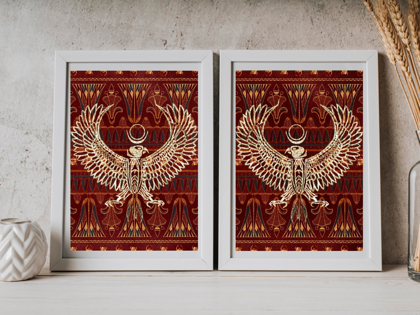 Spiritual wall art, ancient Egyptian art prints, red and gold, set of two art prints displayed in mounted frames.