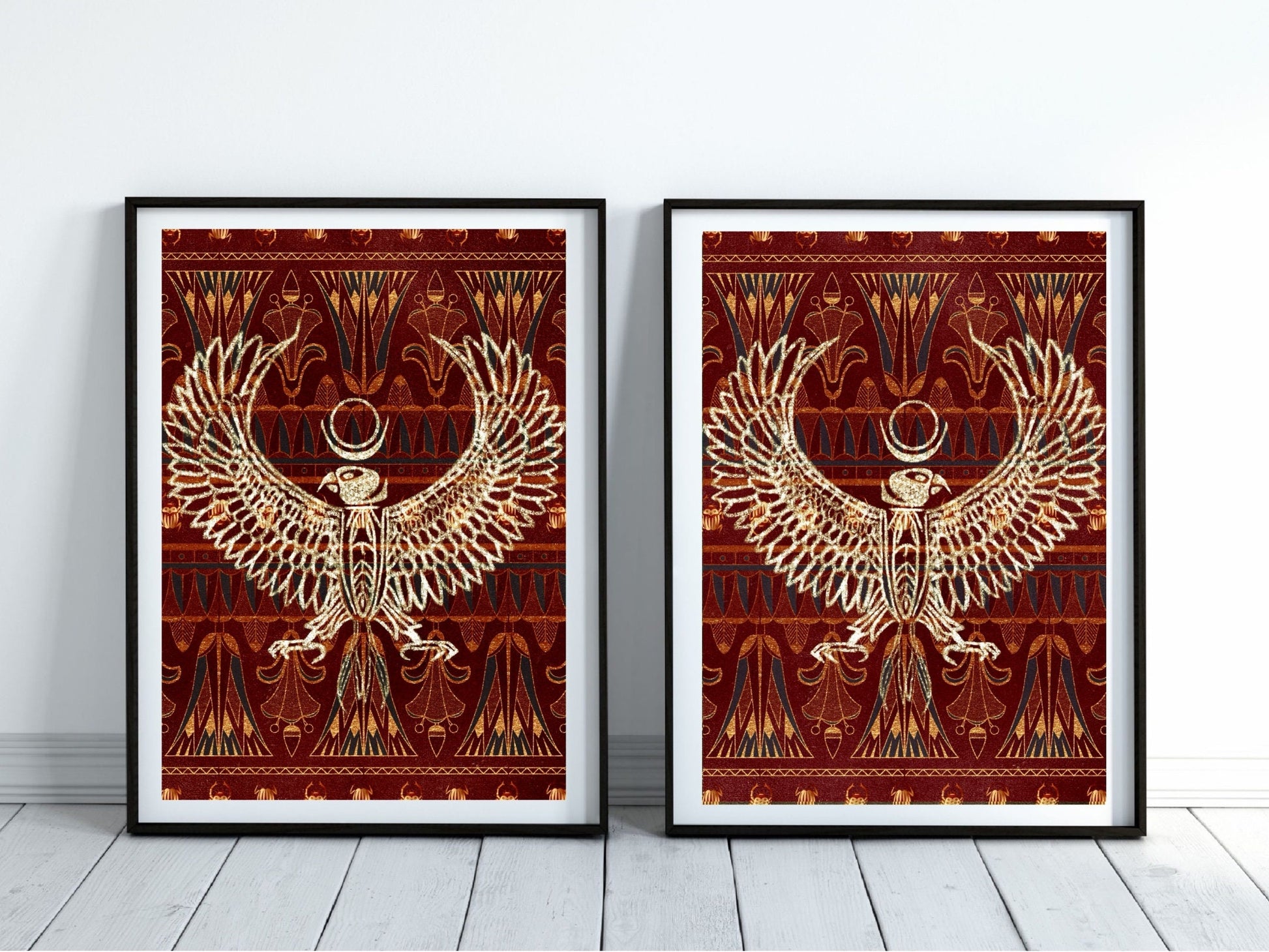 Spiritual wall art, ancient Egyptian art prints, red and gold, set of two art prints displayed in mounted frames.