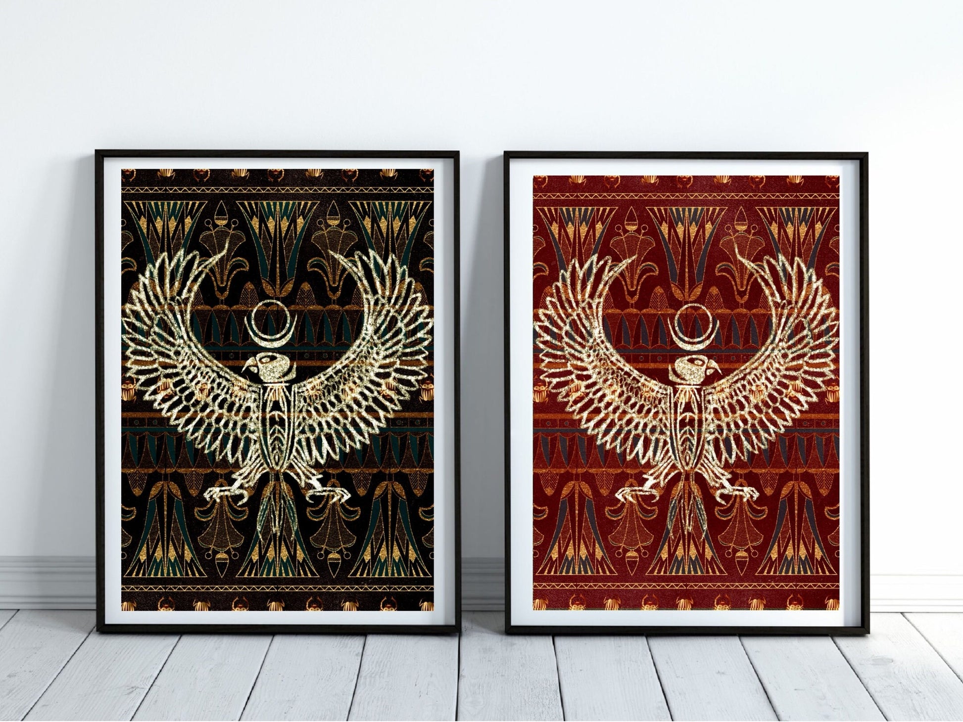 Spiritual wall art, ancient Egyptian art prints, black and red, set of two art prints displayed in mounted frames.