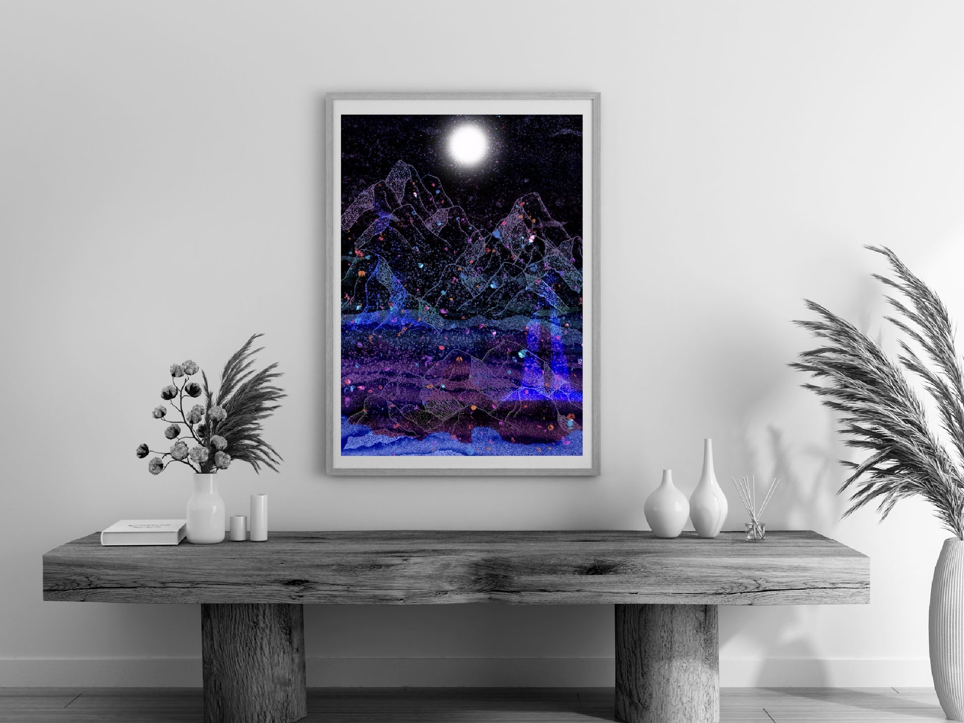 Mountain wall art, vibrant art print, midnight scene, moon, meditation art, - Ascension digital fine art.