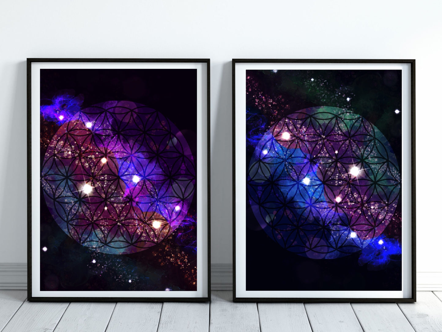 Sacred geometry wall art, flower of life wall art, spiritual art work, unique, meditation art print, vibrant, set of 2 prints, Displayed in frames. - Ascension digital fine art.