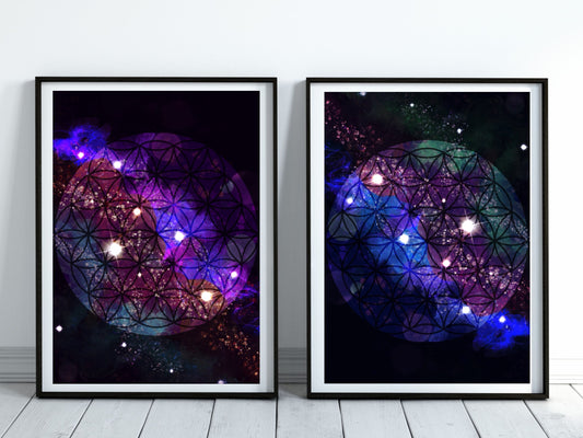 Sacred geometry wall art, flower of life wall art, spiritual art work, unique, meditation art print, vibrant, set of 2 prints, Displayed in frames. - Ascension digital fine art.