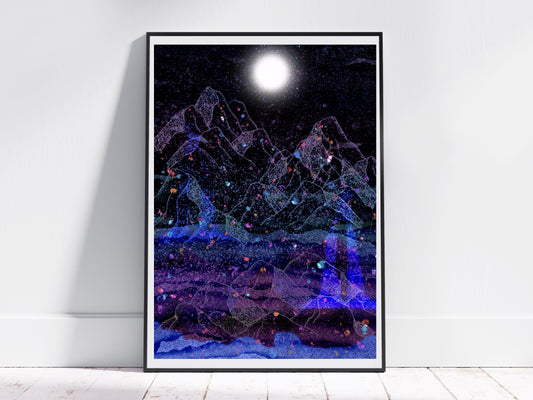 Mountain wall art, vibrant art print, midnight scene, moon, meditation art, - Ascension digital fine art.