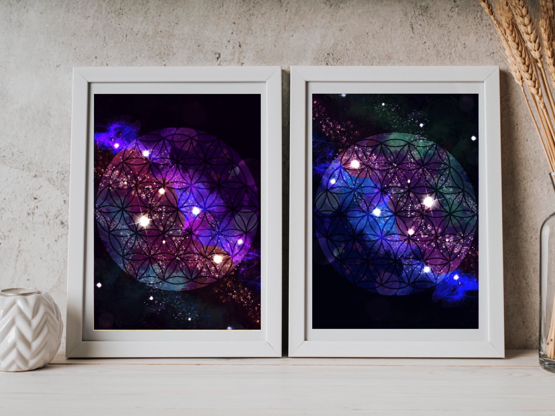 Sacred geometry wall art, flower of life wall art, spiritual art work, unique, meditation art print, vibrant, set of 2 prints, Displayed in frames. - Ascension digital fine art.