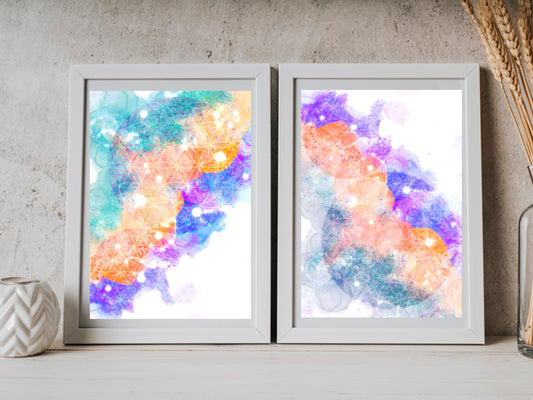 Sacred geometry wall art, flower of life wall art, spiritual art work, unique, meditation art print, vibrant, set of 2 prints, Displayed in frames. - Ascension digital fine art.