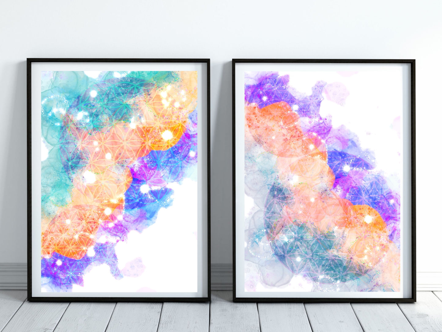 Sacred geometry wall art, flower of life wall art, spiritual art work, unique, meditation art print, vibrant, set of 2 prints, Displayed in frames. - Ascension digital fine art.